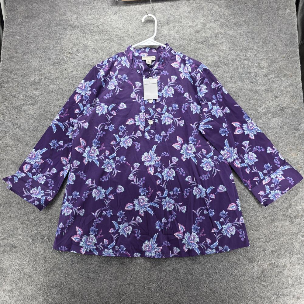 Appleseed's Blouse Tunic Womens L Purple Floral Henley Long Sleeve Stretch